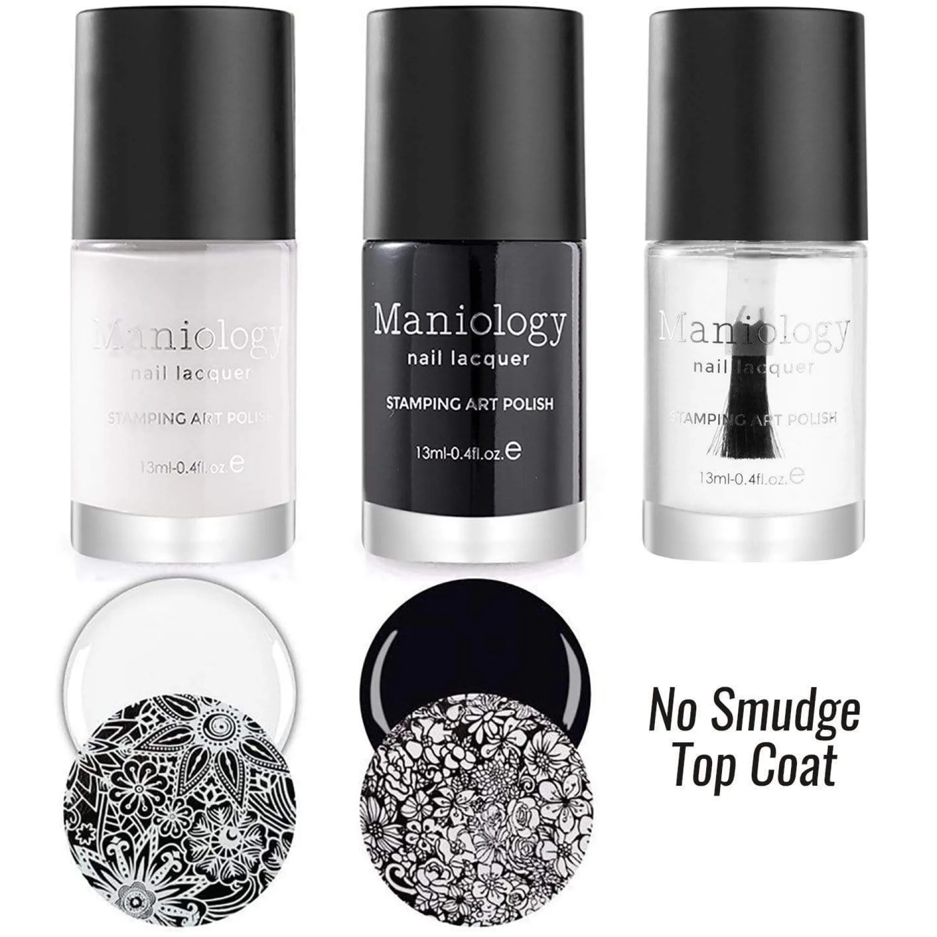 Perfect Trio - Bam! White + Straight Up Black Stamping Polish + Smudge Free Top Coat 3pc Bundle